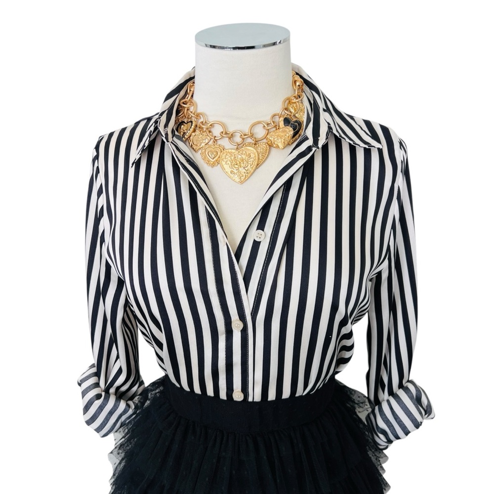 New H&M Striped Long Sleeve Blouse Black  Off-White/ Ivory Button-Up Shirt Sz S